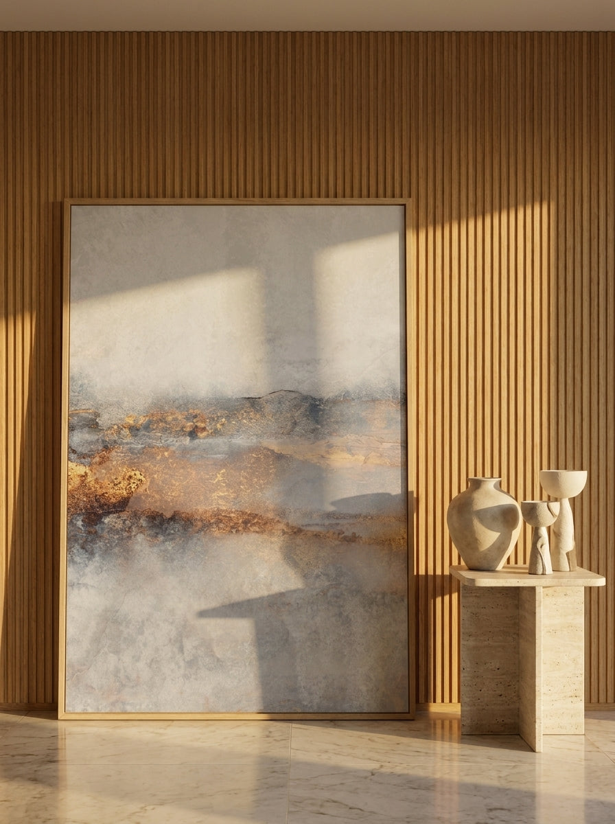 Oversized statement modern wall art print leaning against the wall in a luxe dining room