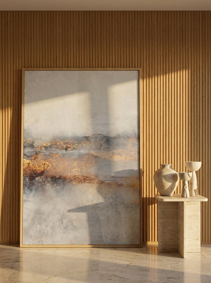 Oversized statement modern wall art print leaning against the wall in a luxe dining room