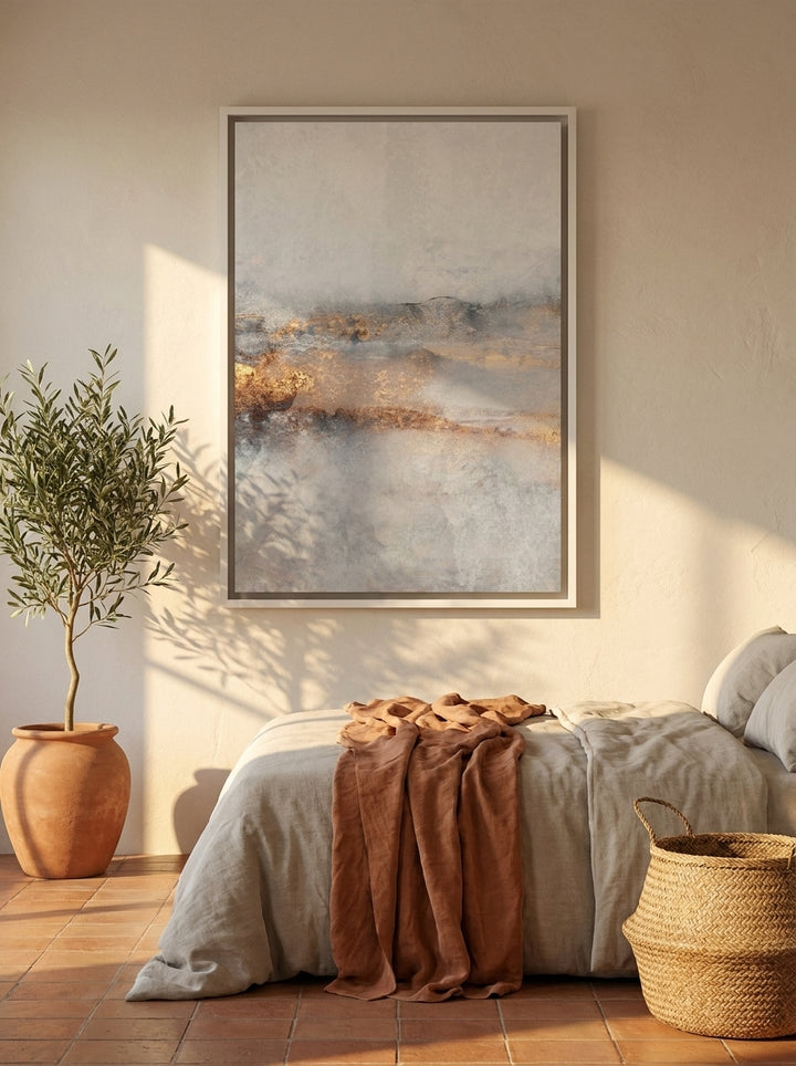 Canvas wall art with a white surround styled on the wall in a Mediterranean bedroom