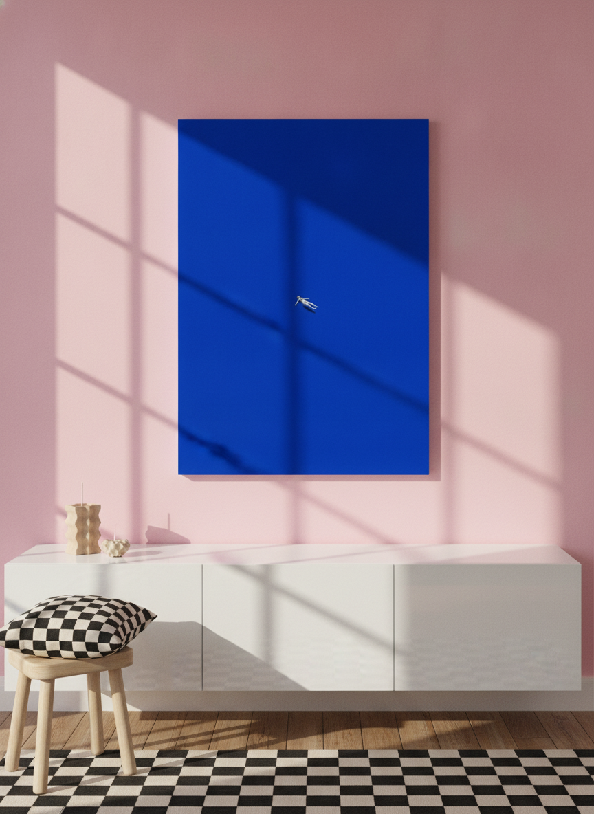Stretched canvas wall art standing on a sideboard in a colourful eclectic home office