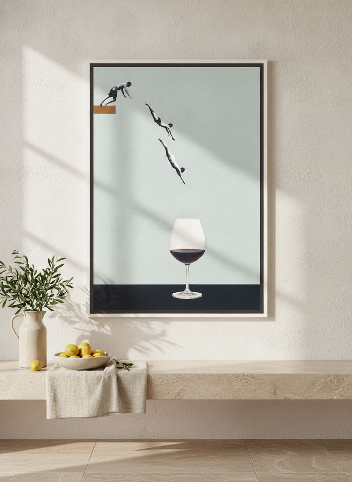 Canvas wall art with a white surround styled on the wall in a Mediterranean kitchen
