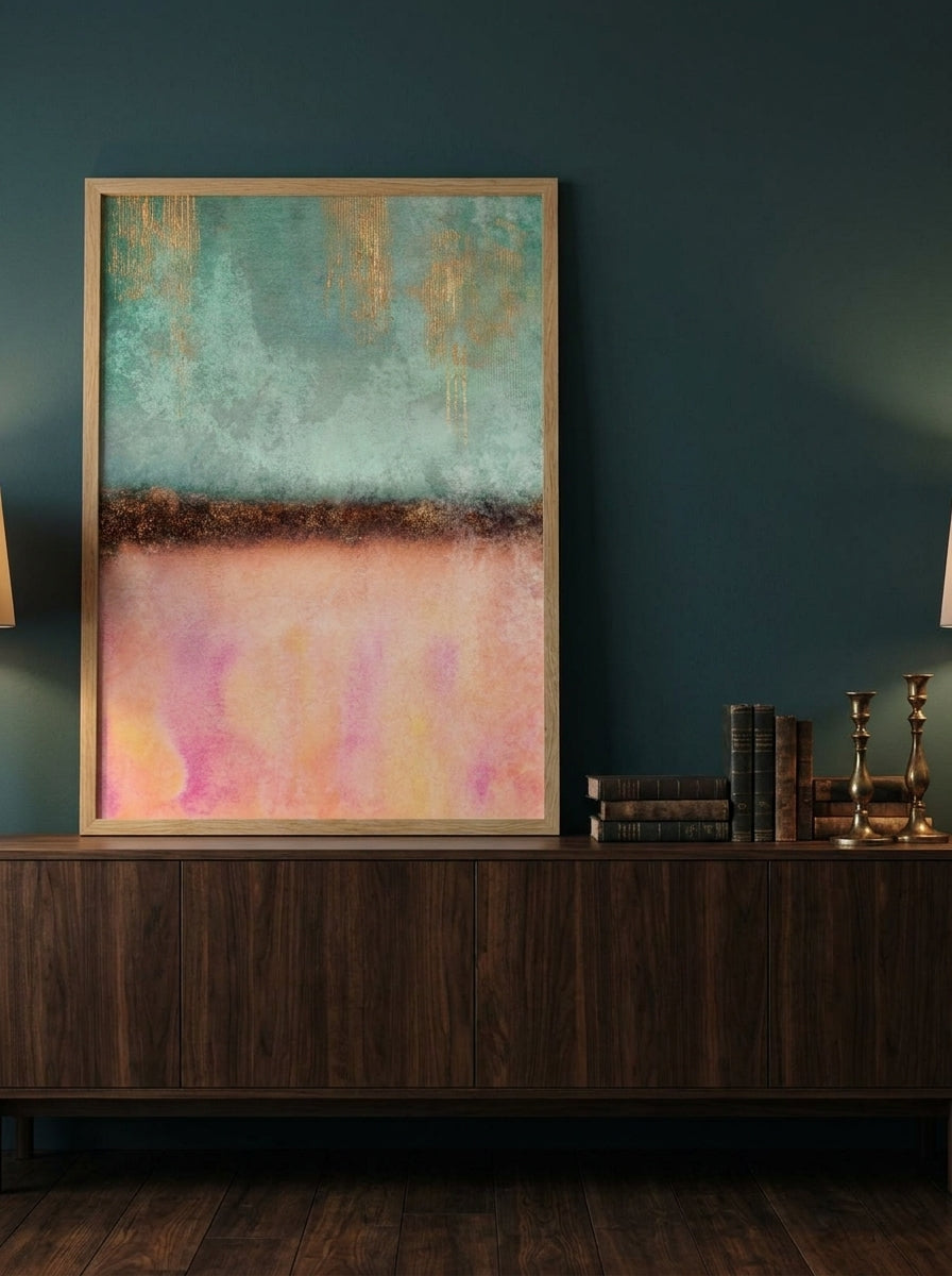 Modern wall art print standing on a sideboard in a moody home office