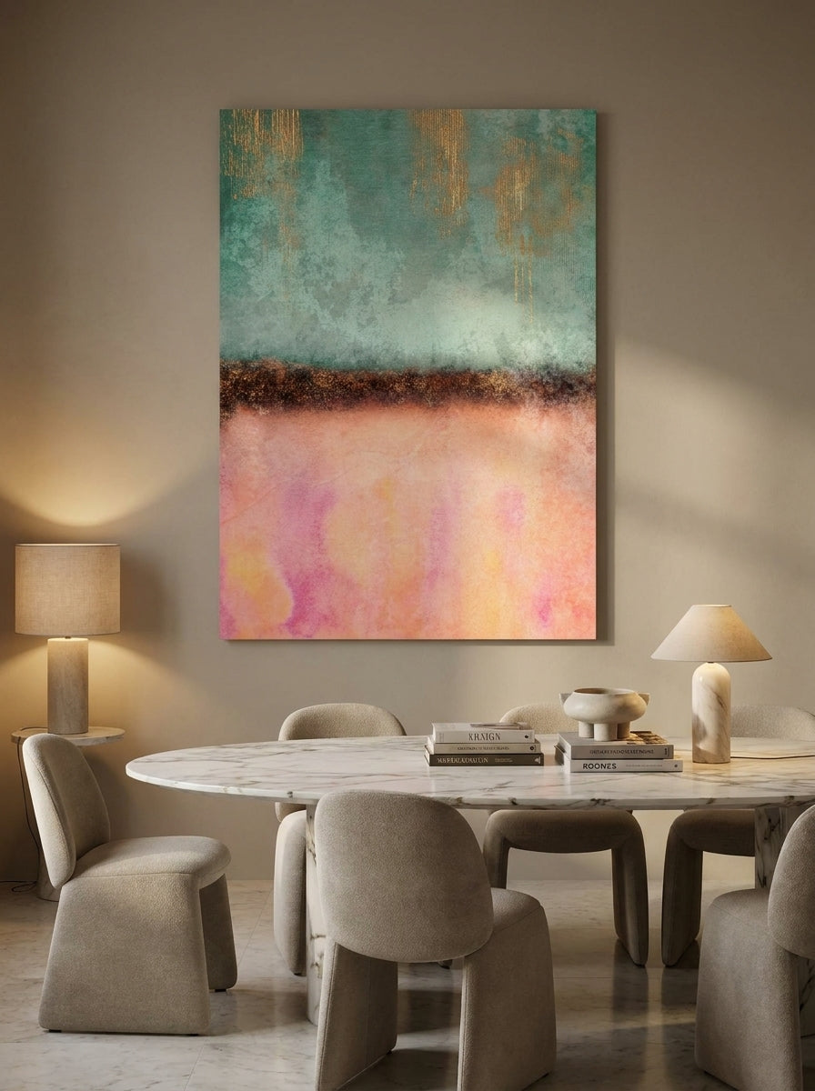 Stretched canvas wall art styled on the wall in a luxe dining room