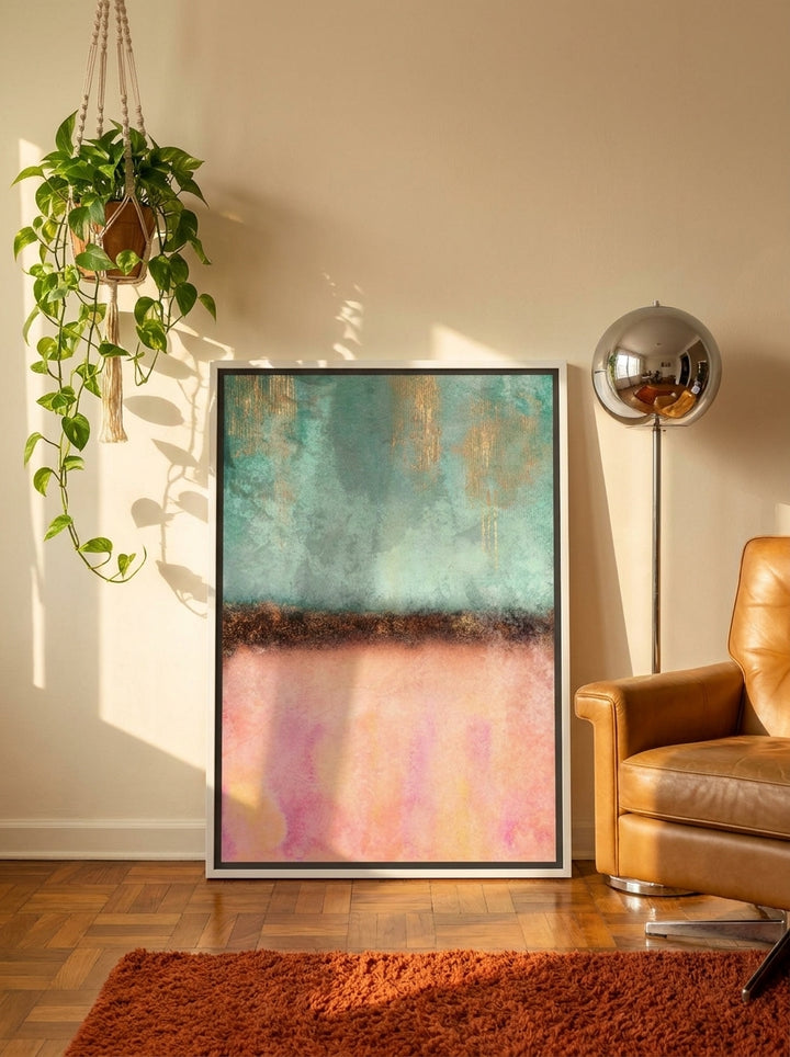 Canvas wall art with a white surround leaning against the wall in a retro 70s bedroom