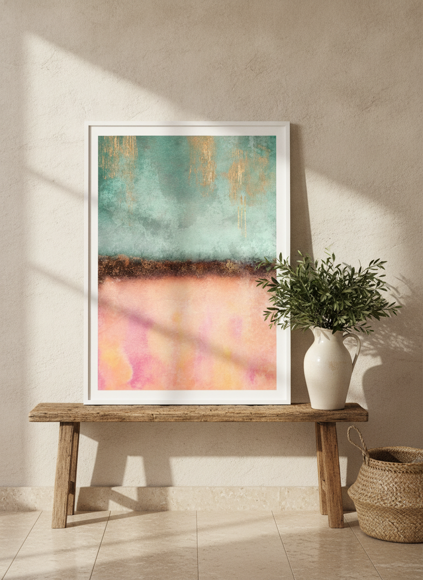 Modern wall art print standing on a bench in a Mediterranean bedroom