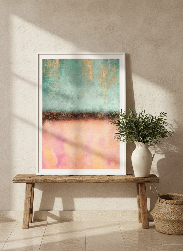 Modern wall art print standing on a bench in a Mediterranean bedroom