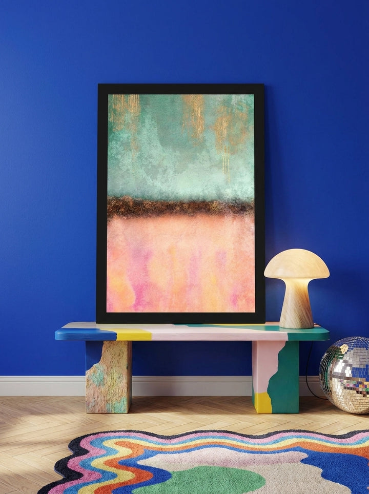 Modern wall art print standing on a side table in a colourful eclectic bedroom