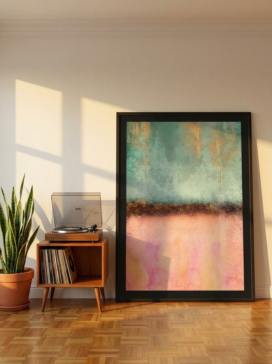 Oversized statement modern wall art print leaning against the wall in a mid-century living room
