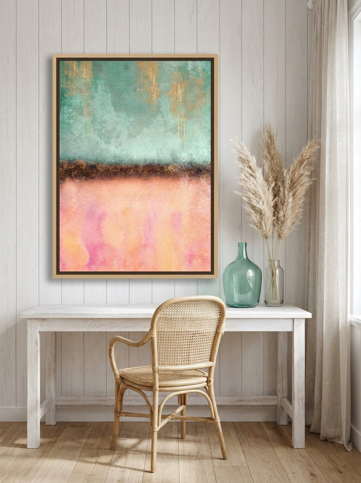 Canvas wall art with a natural timber surround styled on the wall in a coastal home office