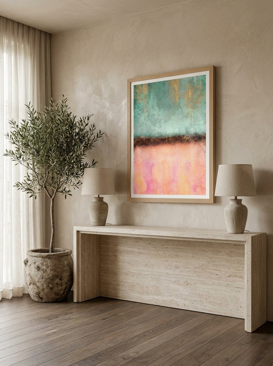 Modern wall art print styled on the wall in a luxe living room