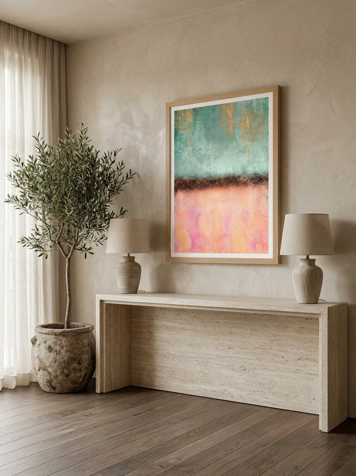 Modern wall art print styled on the wall in a luxe living room