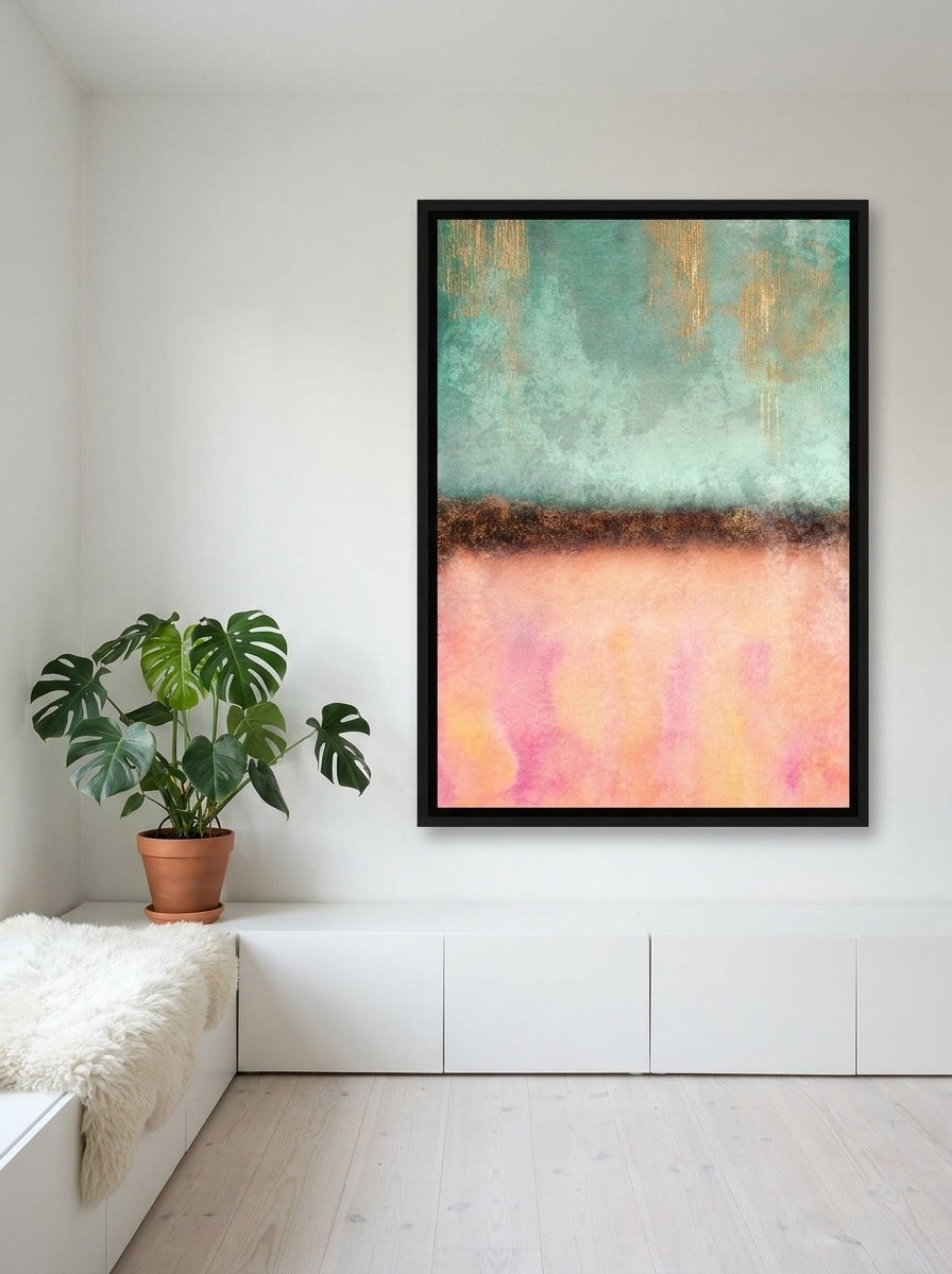 Oversized statement canvas wall art with a black surround styled on the wall in a bright Scandinavian living room