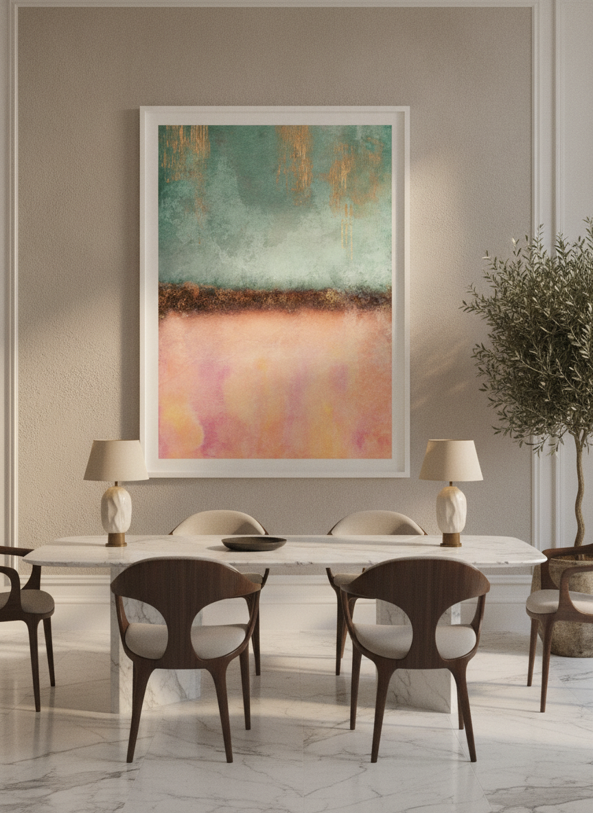 Oversized statement modern wall art print styled on the wall in a luxe dining room
