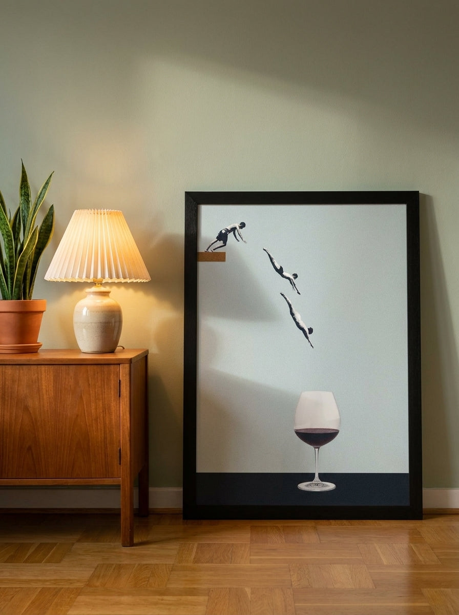 Modern wall art print leaning against the wall in a mid-century kitchen