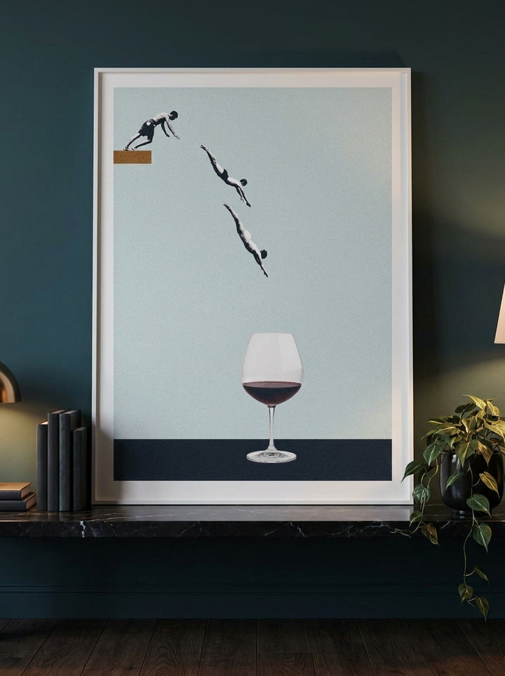 Modern wall art print standing on a kitchen bench in a moody kitchen