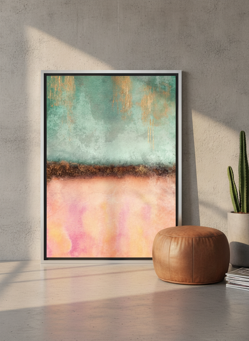 Canvas wall art with a silver leaf surround leaning against the wall in an industrial loft home office