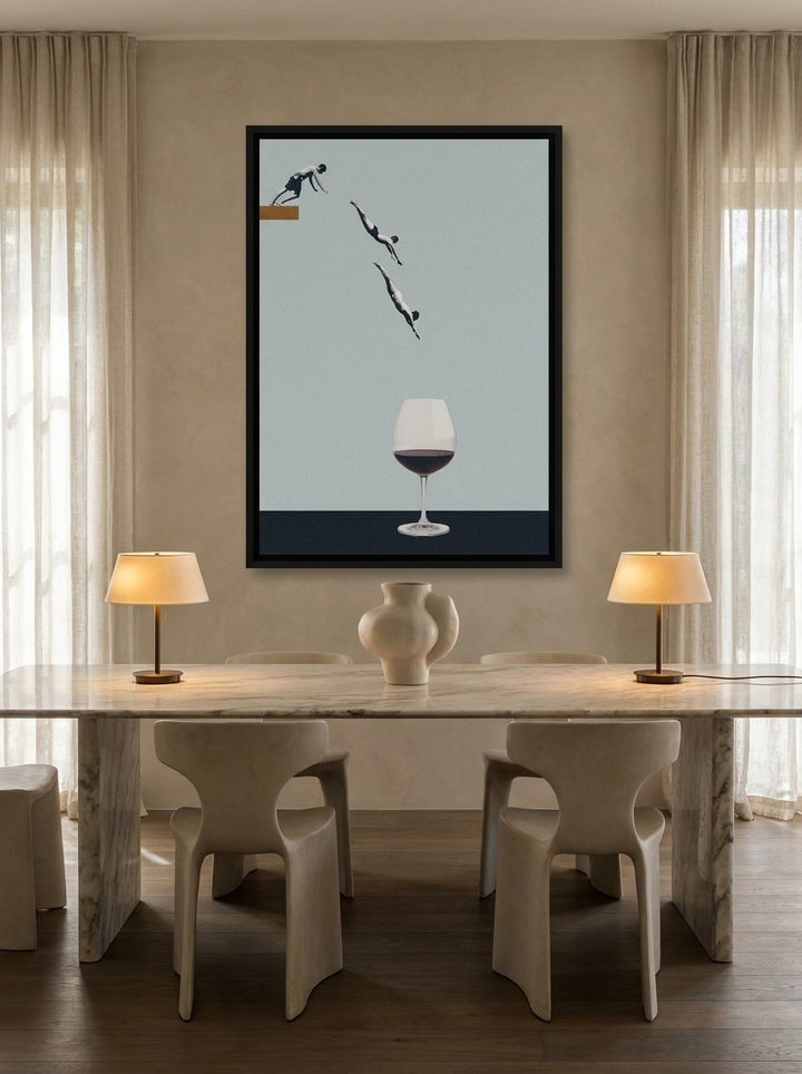 Canvas wall art with a black surround styled on the wall in a luxe dining room