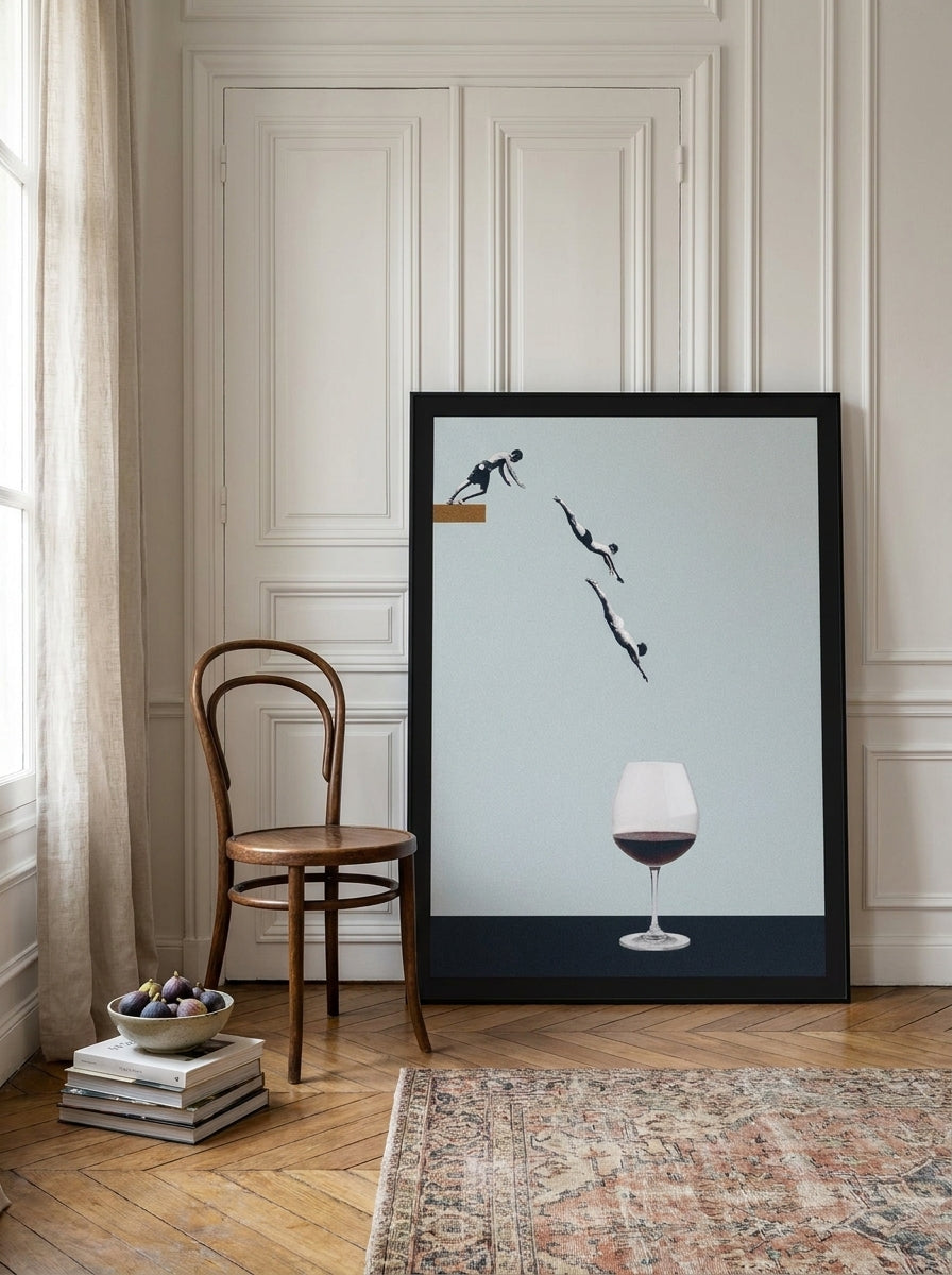 Oversized statement modern wall art print leaning against the wall in a Parisian dining room