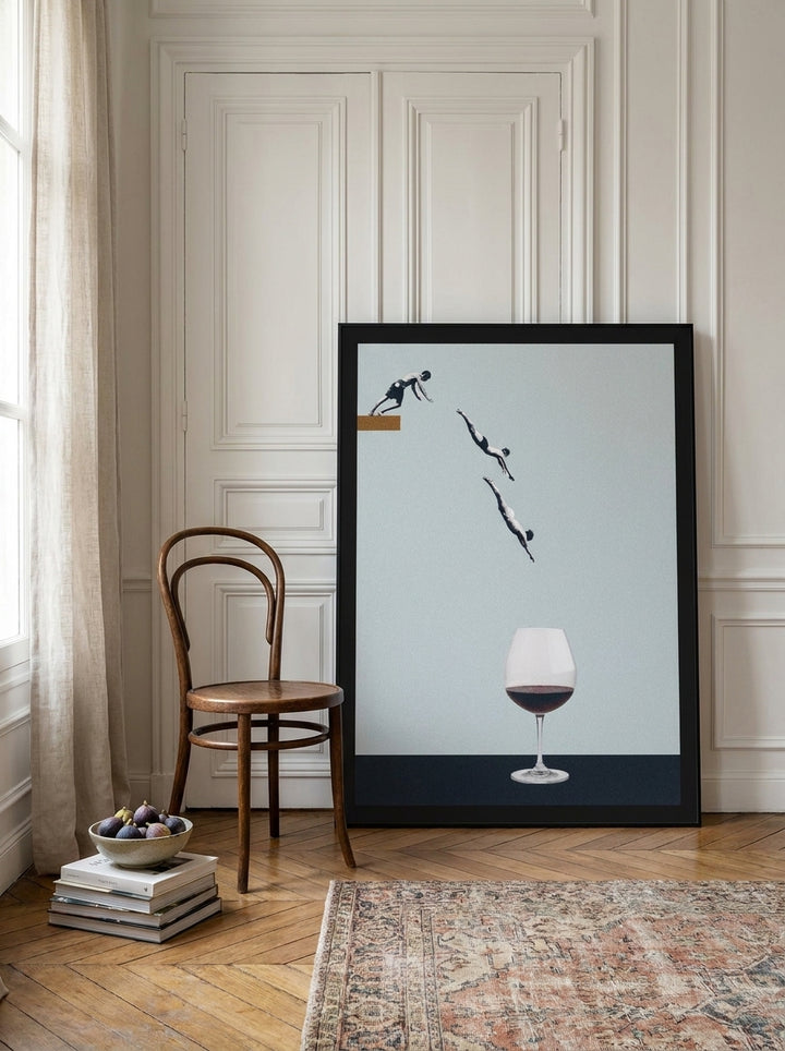 Oversized statement modern wall art print leaning against the wall in a Parisian dining room