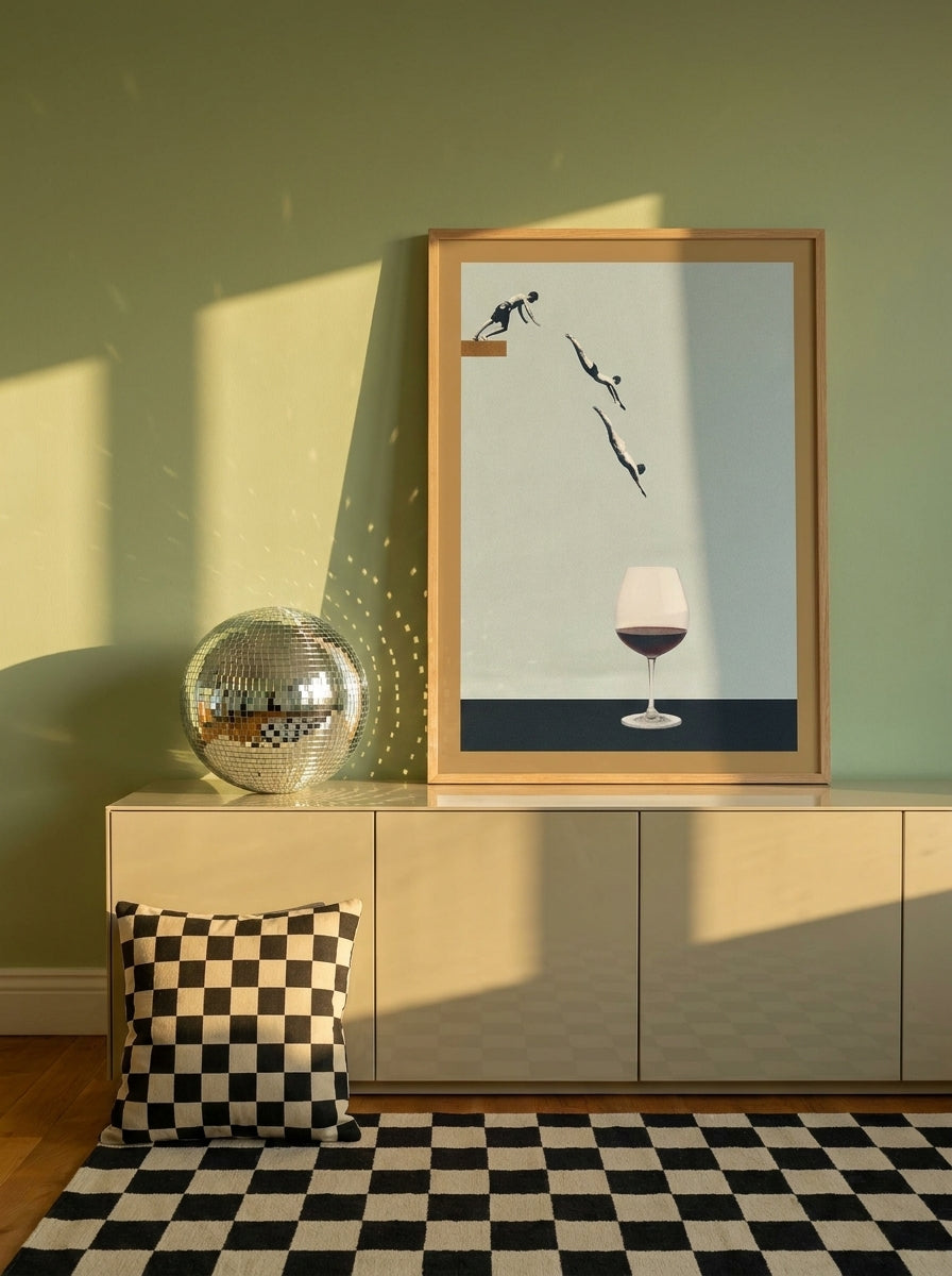 Modern wall art print standing on a sideboard in a colourful eclectic living room