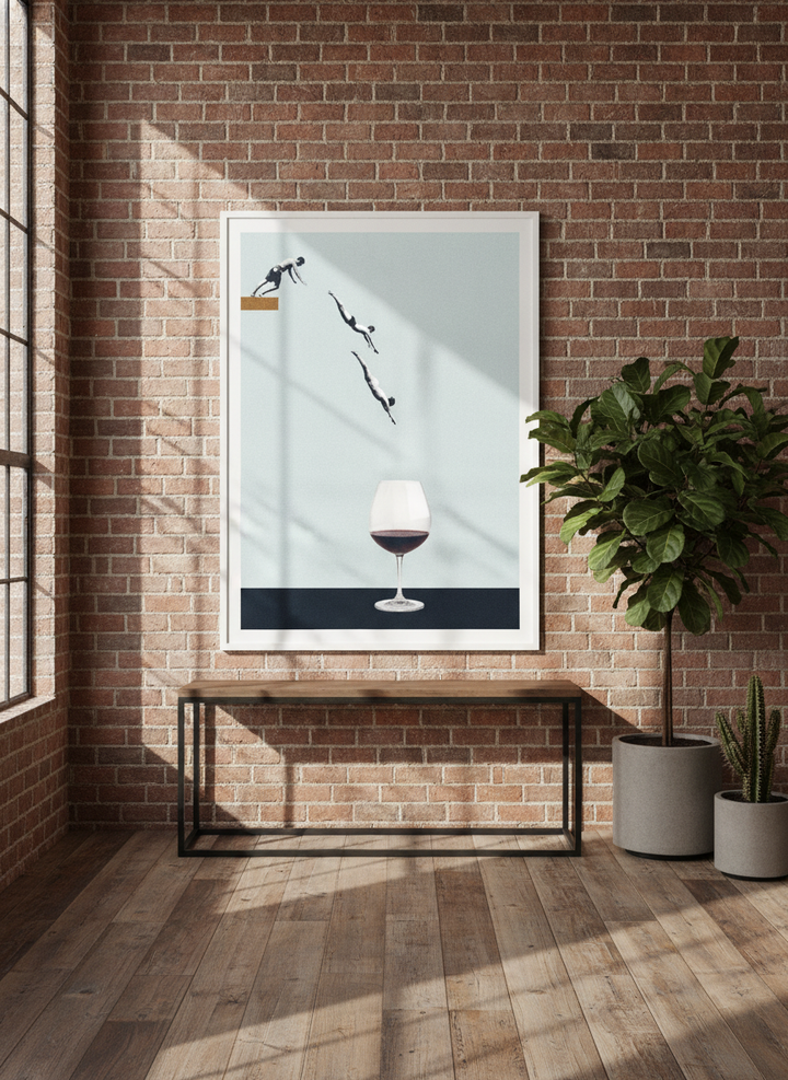 Oversized statement modern wall art print styled on the wall in an industrial loft living room