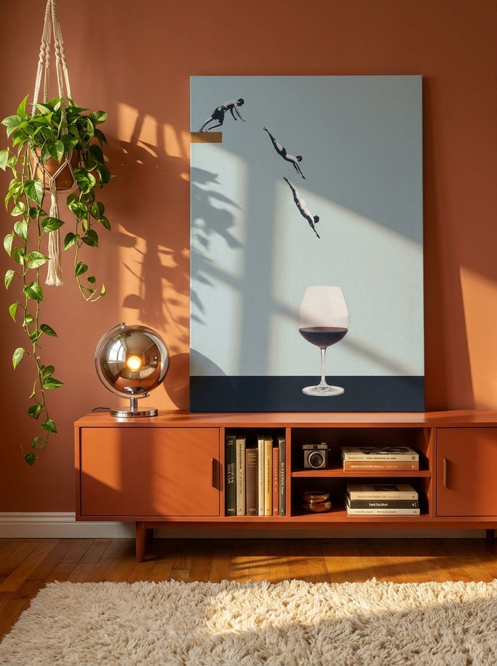 Stretched canvas wall art standing on a sideboard in a retro 70s living room