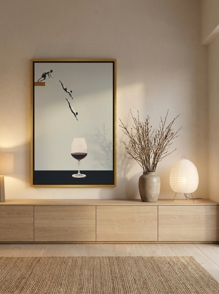 Oversized statement canvas wall art with a gold leaf surround styled on the wall in a warm Japandi living room
