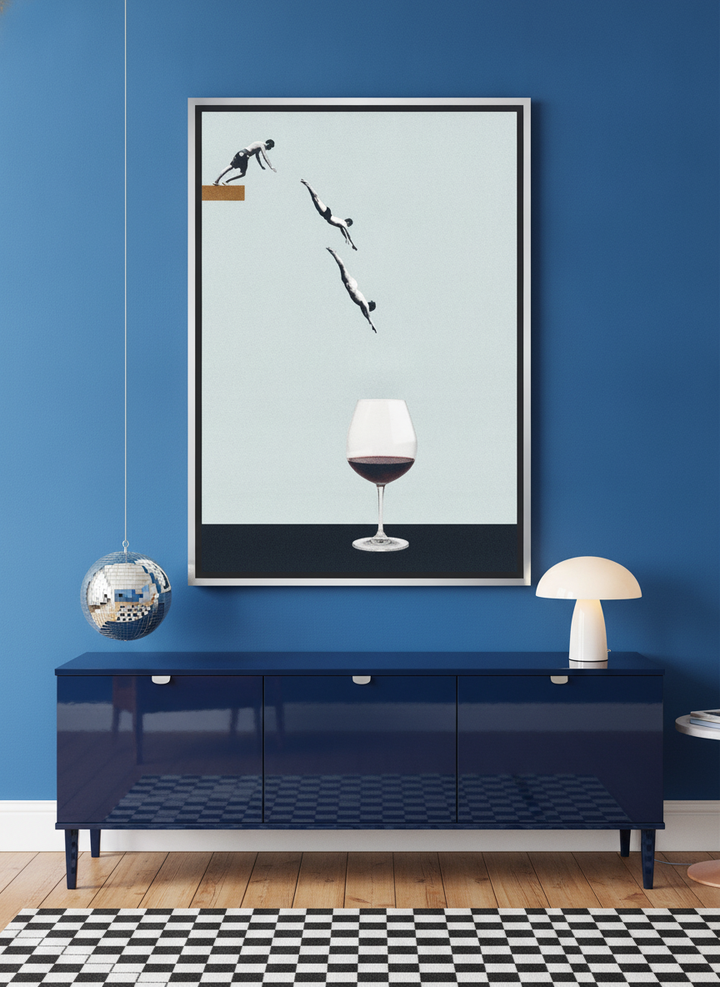 Canvas wall art with a silver leaf surround styled on the wall in a colourful eclectic living room