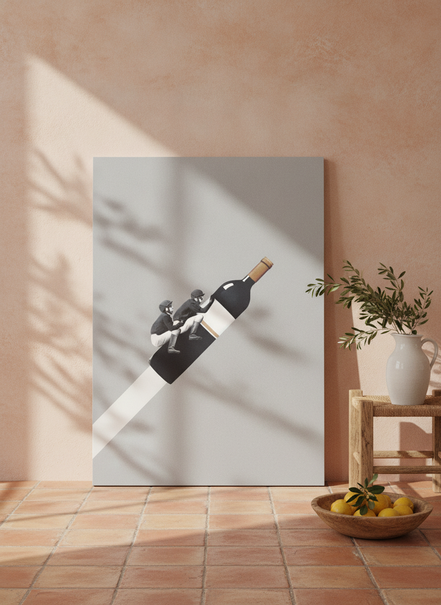 Stretched canvas wall art leaning against the wall in a Mediterranean kitchen