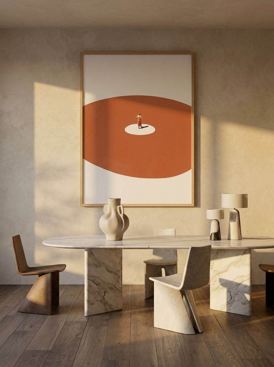 Oversized statement modern wall art print styled on the wall in a luxe dining room