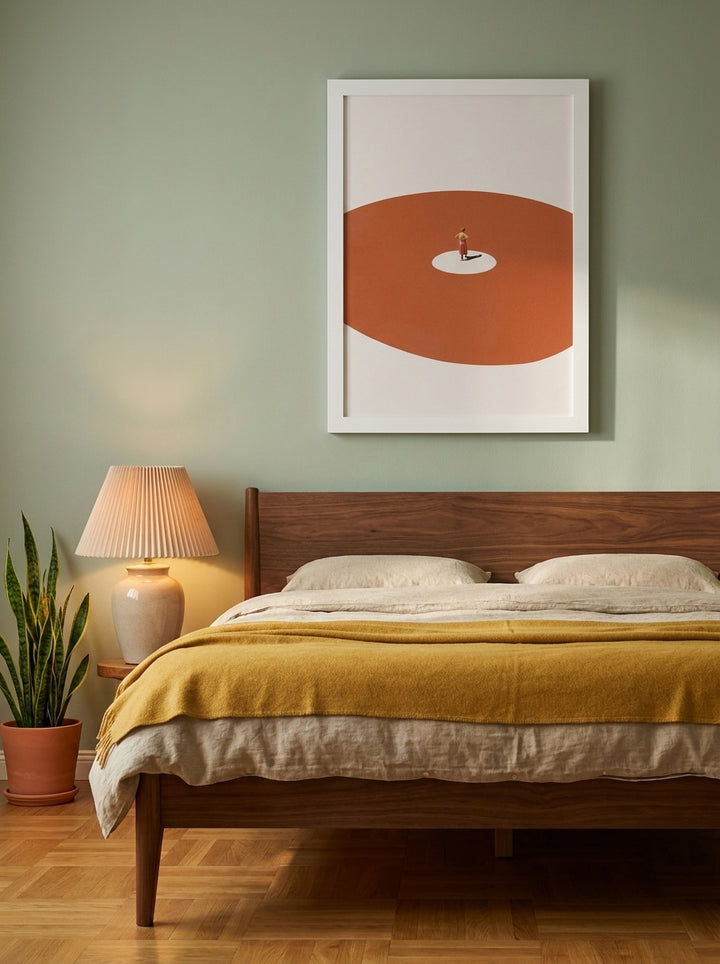 Modern wall art print styled on the wall in a mid-century bedroom