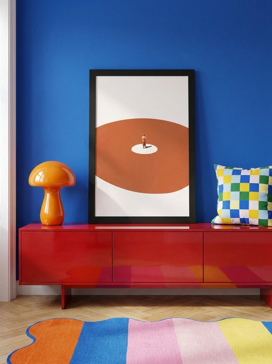 Modern wall art print standing on a sideboard in a colourful eclectic home office
