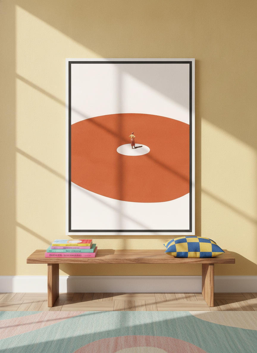 Canvas wall art with a white surround standing on a side table in a colourful eclectic dining room