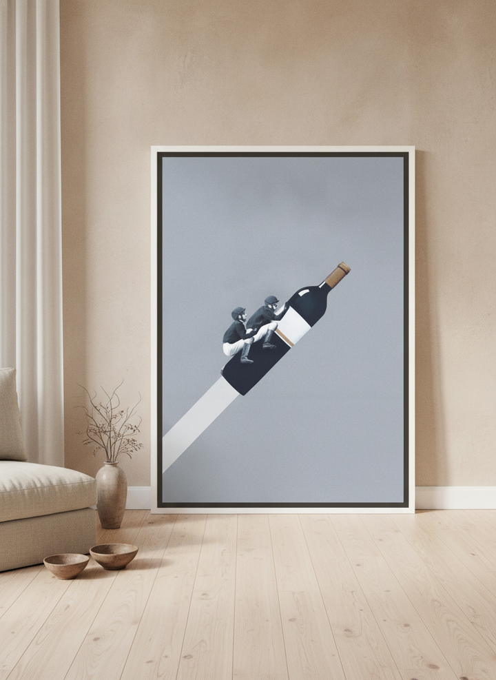 Oversized statement canvas wall art with a white surround leaning against the wall in a warm Japandi living room