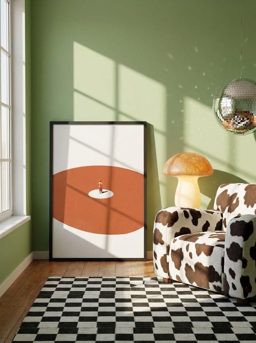 Modern wall art print leaning against the wall in a colourful eclectic bedroom