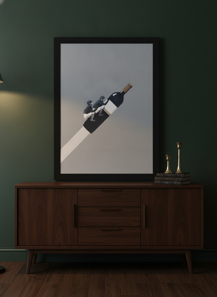 Modern wall art print standing on a sideboard in a moody dining room