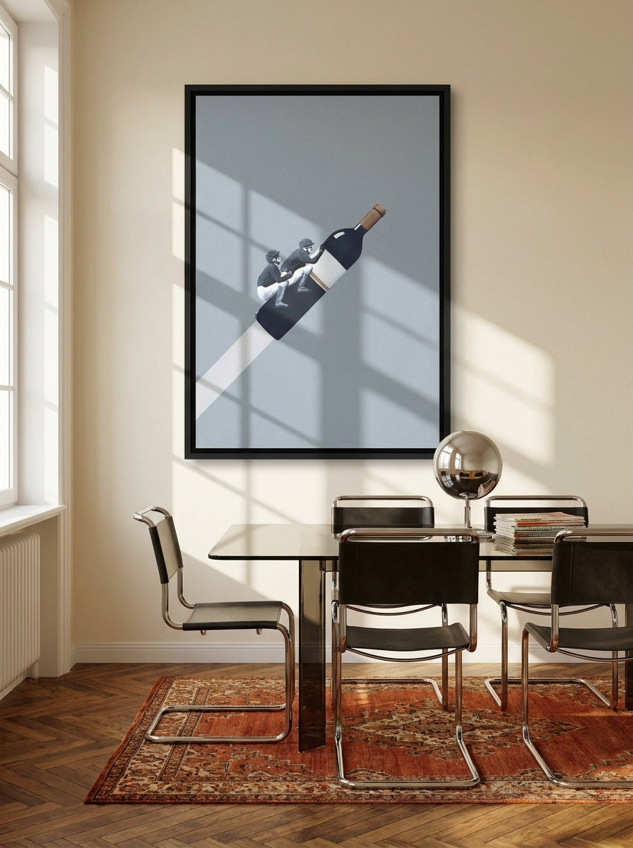 Canvas wall art with a black surround styled on the wall in a retro 70s dining room