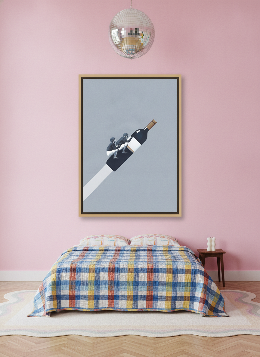 Oversized statement canvas wall art with a natural timber surround styled on the wall in a colourful eclectic bedroom