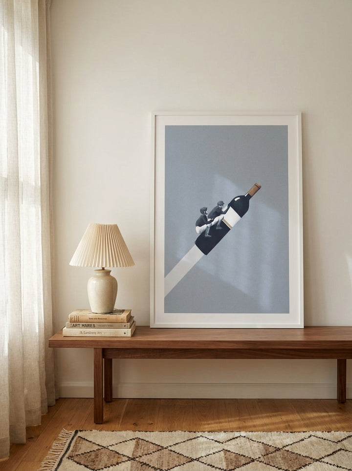 Modern wall art print standing on a kitchen bench in a mid-century kitchen