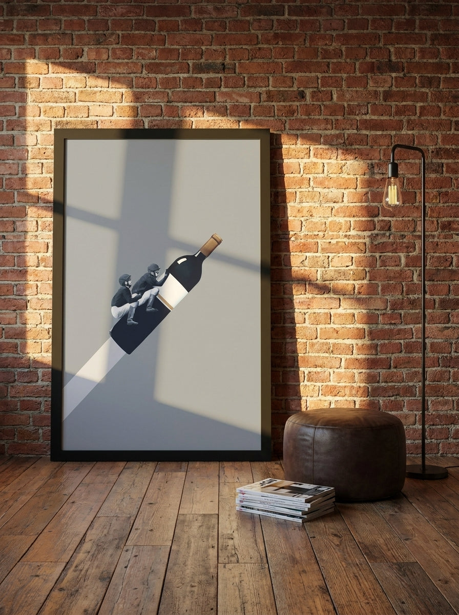 Oversized statement modern wall art print leaning against the wall in an industrial loft living room