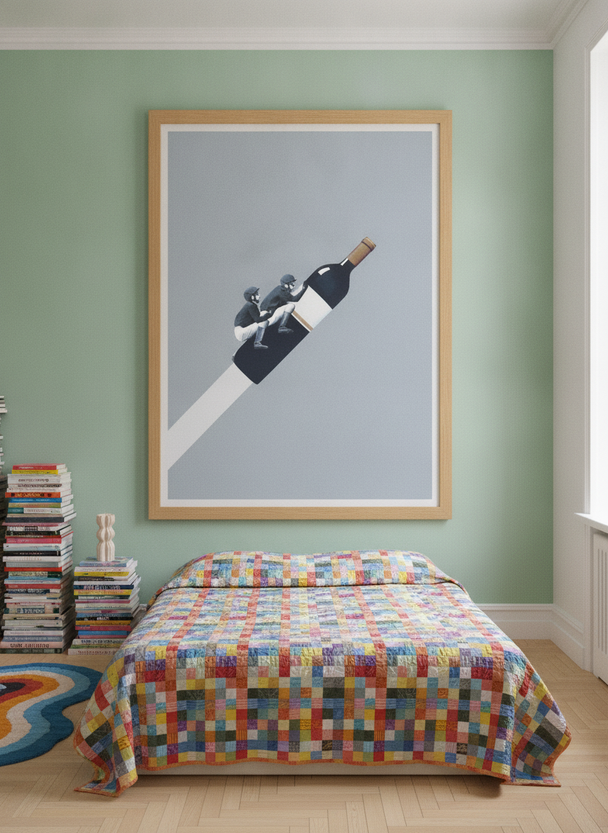 Oversized statement modern wall art print styled on the wall in a colourful eclectic bedroom