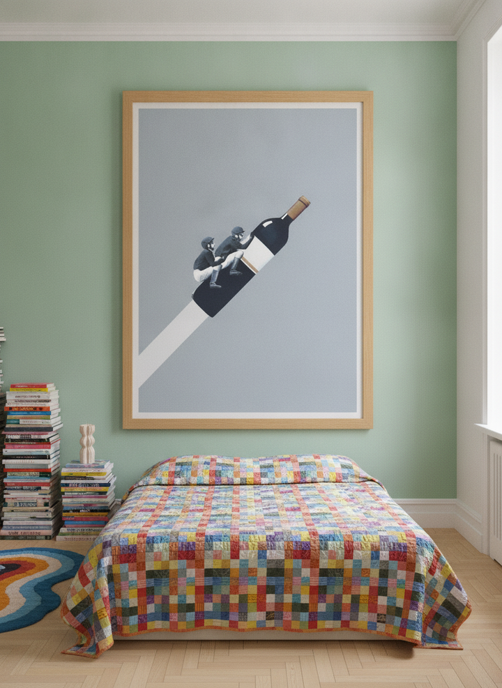 Oversized statement modern wall art print styled on the wall in a colourful eclectic bedroom