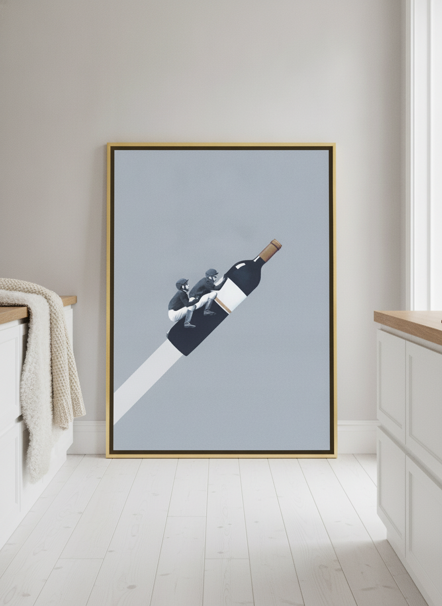 Canvas wall art with a gold leaf surround standing on a kitchen bench in a bright Scandinavian kitchen