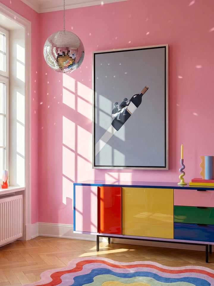 Canvas wall art with a silver leaf surround styled on the wall in a colourful eclectic living room