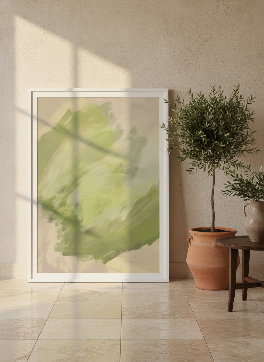 Modern wall art print leaning against the wall in a Mediterranean home office