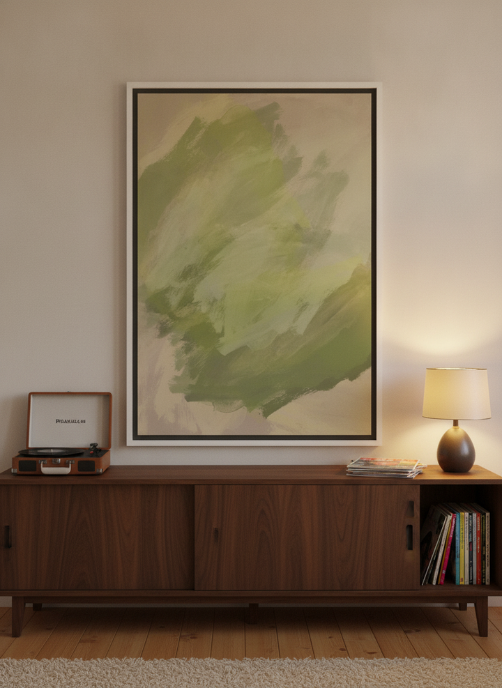 Canvas wall art with a white surround standing on a sideboard in a retro 70s bedroom