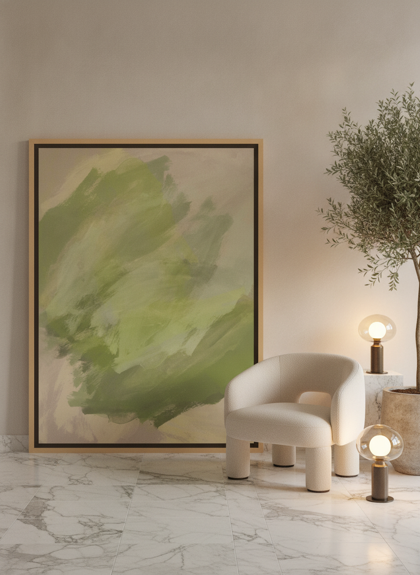 Oversized statement canvas wall art with a natural timber surround leaning against the wall in a luxe living room