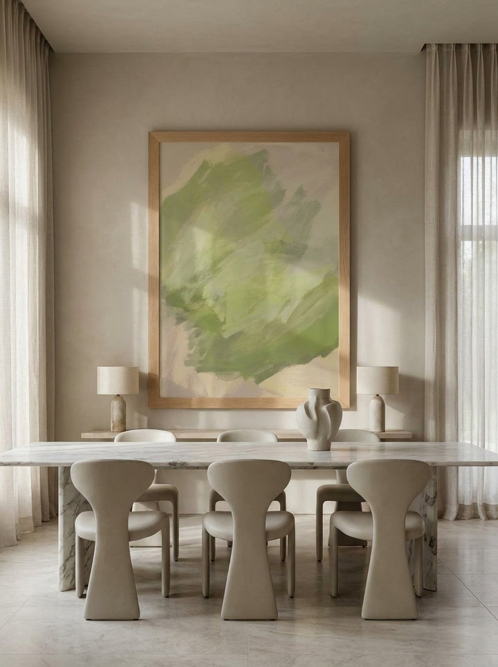 Oversized statement modern wall art print styled on the wall in a luxe dining room