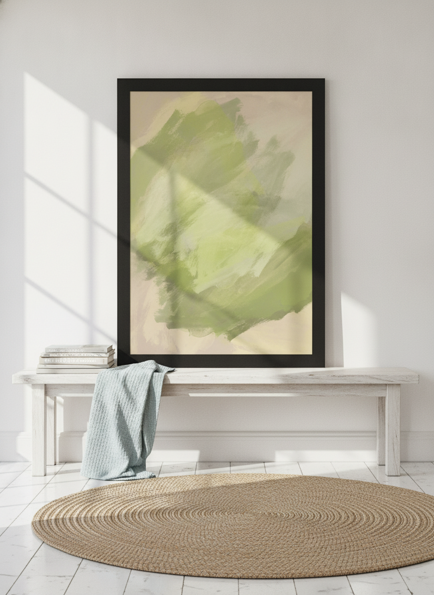 Modern wall art print standing on a console in a coastal living room