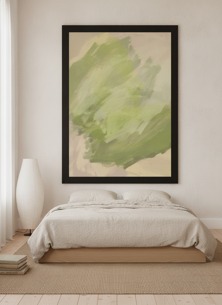 Oversized statement modern wall art print styled on the wall in a warm Japandi bedroom